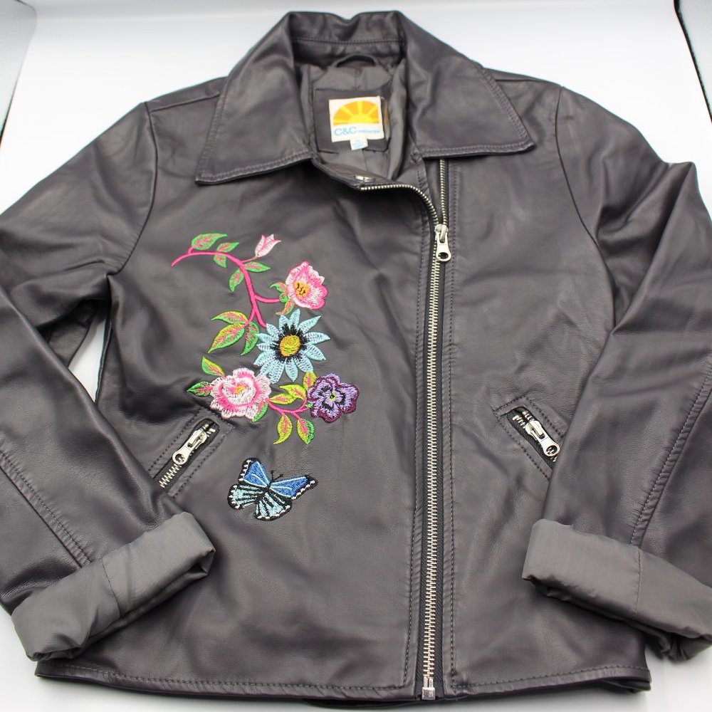 C&C California Dark Grey Embroidered Faux Leather Girls Biker Jacket Size 12 - Picture 3 of 11